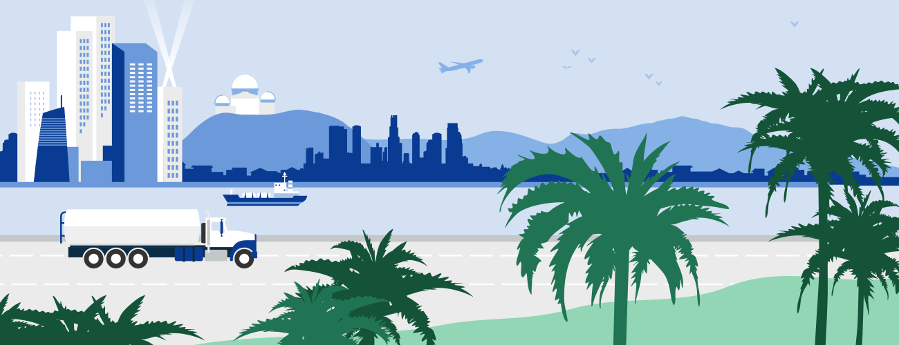 Illustration of a boat on a river, a truck driving through the coast, on the other side there is the city of Los Angeles, and an airplane flying by the sky.