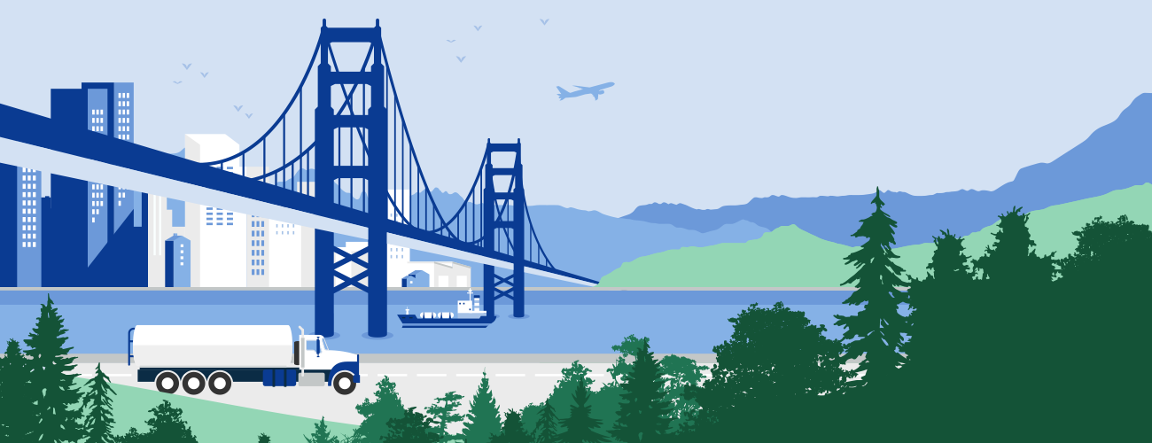 Illustration of a boat on a river, a truck driving through the coast, on the other side there is the city of San Francisco, and an airplane flying by the sky.