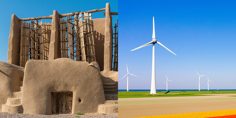 The vertical-axis Nashtifan windmills in Northern Iran, dating back 1,000 years to ancient Persia, are still used for milling grain into flour. Most modern windmills have horizontal axes.